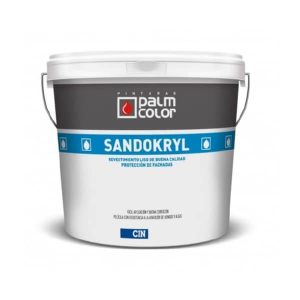 Cubeta de pintura Sandokryl de Palm Color, diseñada para revestimientos de fachadas con alta calidad y fácil aplicación. Ideal para protección y acabado liso.